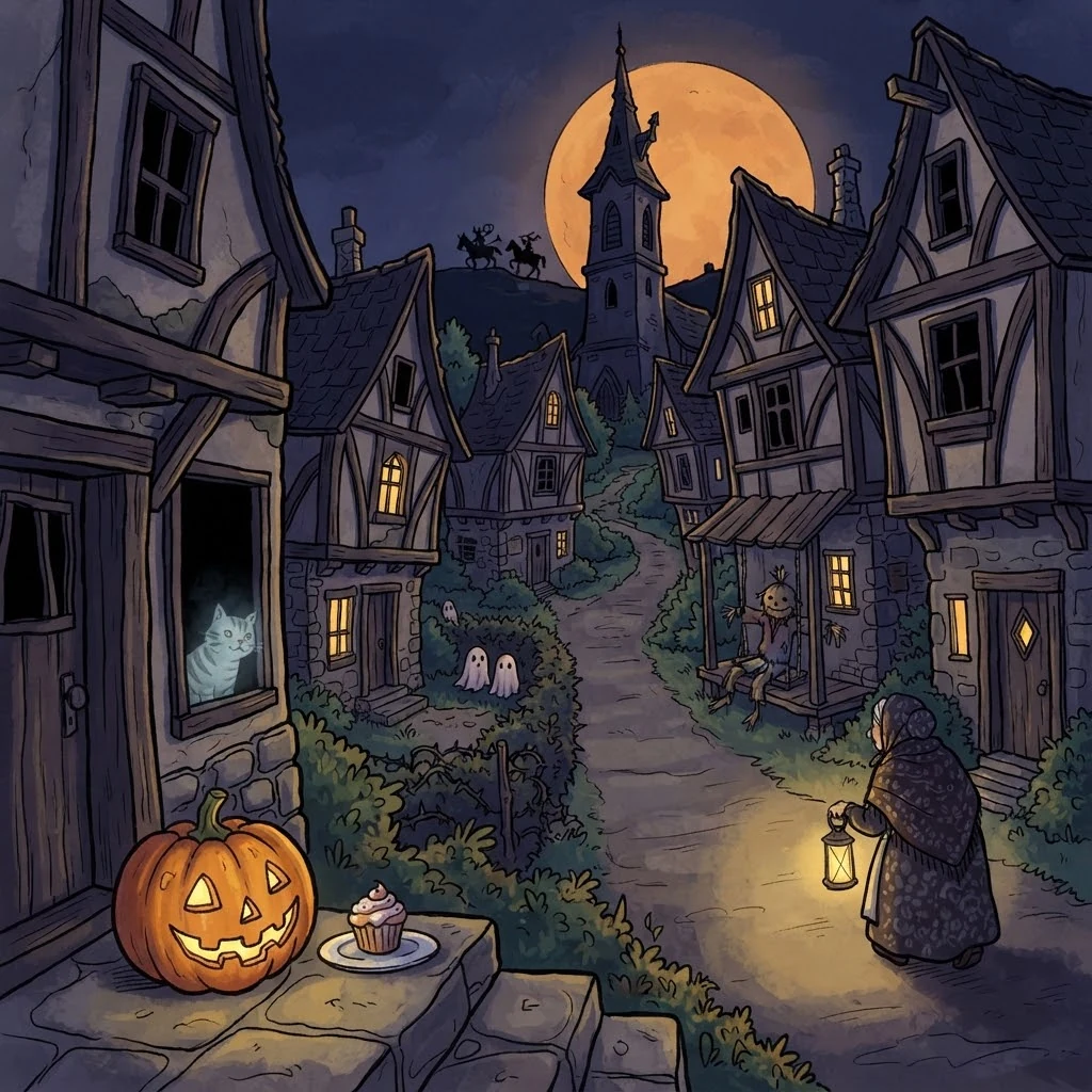 Trick or Tithe cover art: a glowing jack-o-lantern and a cupcake on a doorstep in a crooked village lane under a huge orange moon