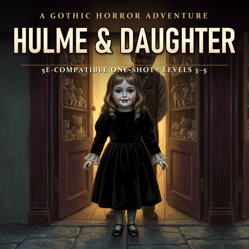 Hulme and Daughter cover art: a porcelain-faced girl in a black velvet dress stands in the open door of a toyshop lined with teddy bears