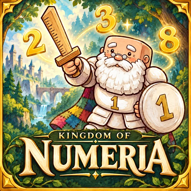 Kingdom of Numeria game icon: Sir One, an old knight with a white beard, holding a wooden sword and a shield marked 1