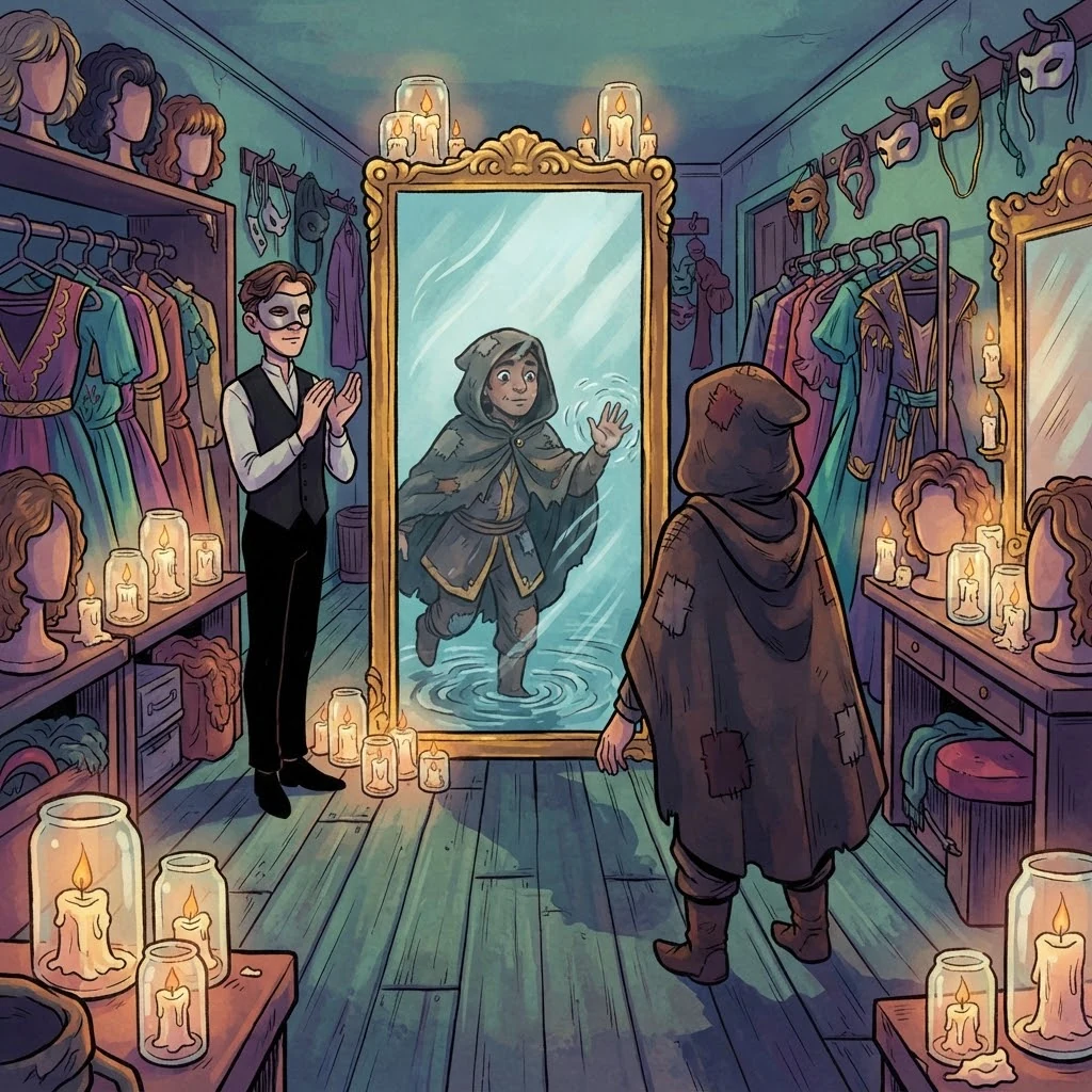 Two Truths and a Lie cover art: a hooded traveler faces a tall mirror while an identical figure steps out of the glass