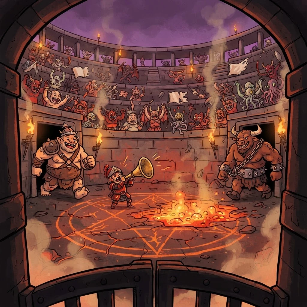The Undercard cover art: a flustered herald with a horn between two grinning brutes in a packed arena